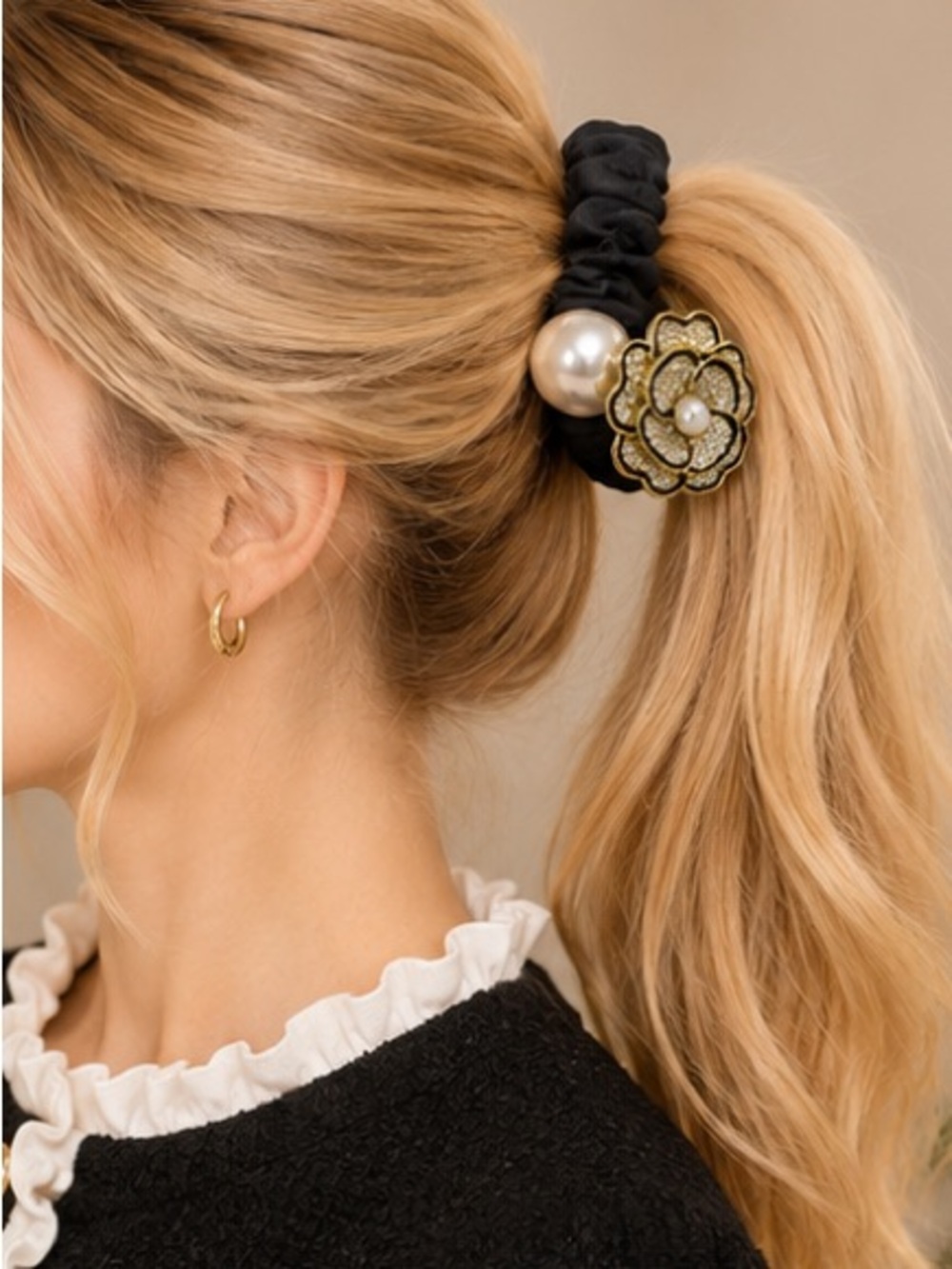 Designer Inspired Crystal Camellia Pearl Scrunchie Hair Tie Black & Gold - Picture 4 of 5